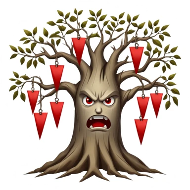 roots with red flags on the tips, tree, angry faces hanging on the tips of the tree branches sticker