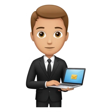 Businessman in a black business suit holding a laptop with PrimeCopy written on it sticker