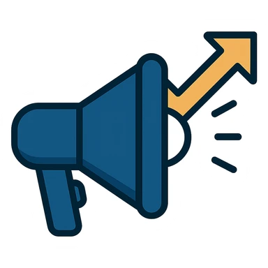 clean minimalist icon for advocacy consulting firm, stylized megaphone with rising arrow, navy blue white gold accents, symbolizes empowerment influence positive change sticker