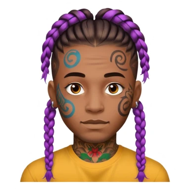 big lose braids starting from the top of the head man with mustache face wiith big visible braids and lots and lots of colored face tattoos colored tattoos like a tattoo artist hair unique color sticker