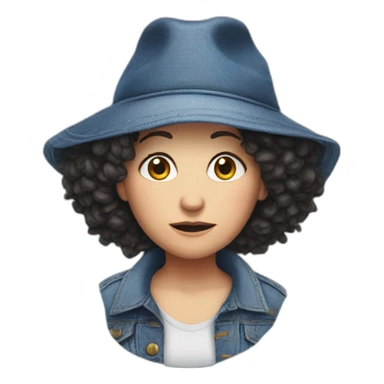 Susie Essman, annoyed, wearing denim and a ridiculous hat sticker