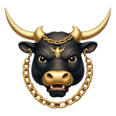 The emoji is an angry black powerful bull with steam coming out of its nose and a gold chain hanging from its neck with the inscription "bull run" sticker