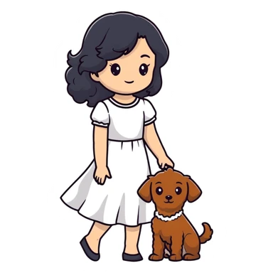 beautiful girl with long black hair in a white dress holding a small brown curly-haired dog sticker