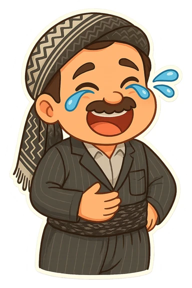 Cartoon sticker of a Kurdish man with the same clothes and scarf as the reference image, no changes to clothes or scarf, face with intense laughter and tears of joy, hand on stomach and slightly bent from laughing, colorful and cheerful, no text, suitable for WhatsApp and Instagram, transparent background. sticker