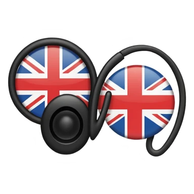 Minimalistic flat vector icon, iOS style, thin black contour on white background. Ear icon with sound waves and small UK/USA flag symbol. Clean, no text, no shadows sticker