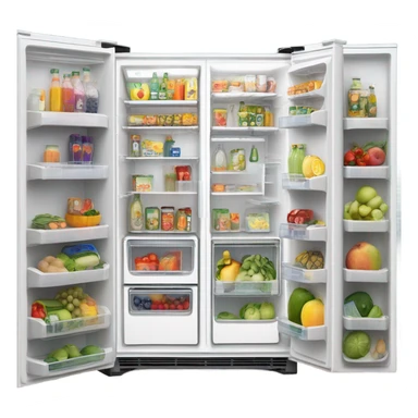 A white double door fridge with both doors open. Inside it has shelves with fruit and vegetables in organized containers. Also clear bottles filled with juices that is organized sticker