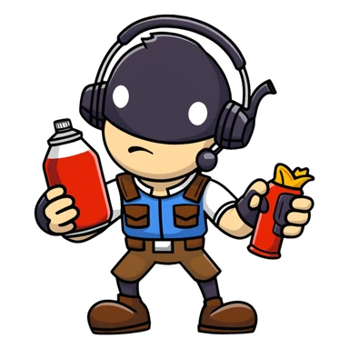 Team Fortress 2 Scout holding BONK! Atomic Punch can, accurate game appearance, canonical uniform and headset sticker