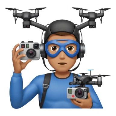 Super hero photographe, gopro sur la tête, masque fpv sur les yeux. Un drone à côté de lui. Il tiens un appareil photo reflex. sticker