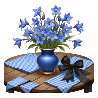 A lush bouquet of bright blue color bluebell black satin ribbon, resting on an antique wooden table, with a pale yellow and pink plaid pattern table cloth sticker