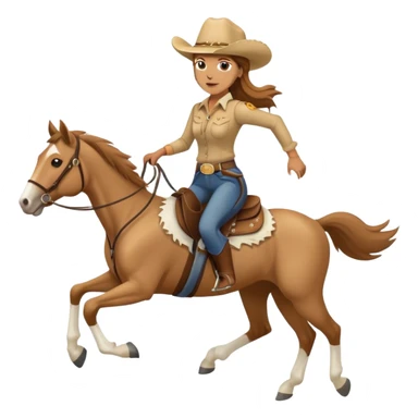 palomino horse running with 4 legs a woman rider with brown hair and a cowboy hat sticker