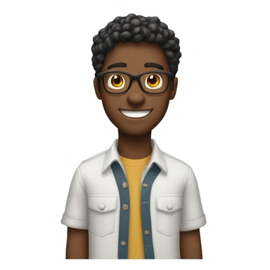 smiling young man putting hands up who wearing glasses sticker