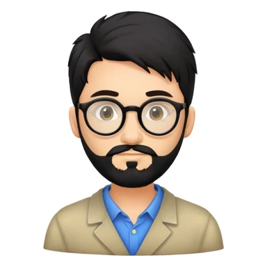 programmer man with round glasses, black beard and hair sticker