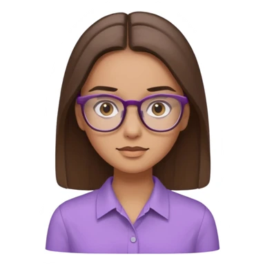 Imagine a pretty girl with slightly light brown skin with big brown eyes and glasses. She has straight long brown hair in a slick back and is wearing a light purple shirt sticker