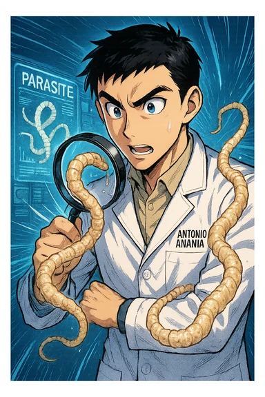A dynamic manga/webtoon-style illustration of a young male kinesiologist wearing a clean white lab coat, analyzing light beige worms like a tapeworm under a magnifying glass. His expression is focused and slightly intrigued, with sharp, detailed eyes. The art style is vibrant, with bold linework, rich colors, and dramatic lighting. The background is a futuristic laboratory with glowing holographic screens displaying parasite data. The tapeworm is intricately drawn, slimy and segmented, with a slightly exaggerated yet realistic texture. The composition is dynamic, with motion lines or energy effects to emphasize his scientific investigation. The atmosphere is intense but not dark, keeping a balance between scientific seriousness and stylish manga aesthetics, he has "ANTONIO ANANIA" WRITTEN ON WHITE LAB COAT sticker