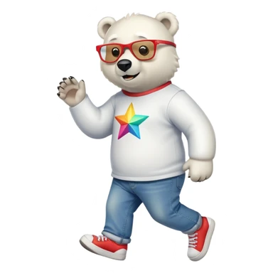 friendly anthropomorphised polar bear walking, excited expression, wearing shirt, jeans, trainers, oversized colorful star glasses sticker