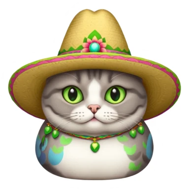 Fat gray cat green eyes wearing sombrero sticker