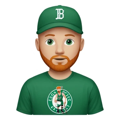 Bald white man with ginger beard and blue eyes in Tatum Boston Celtics jersey over tshirt with Boston Celtics logo on cap sticker