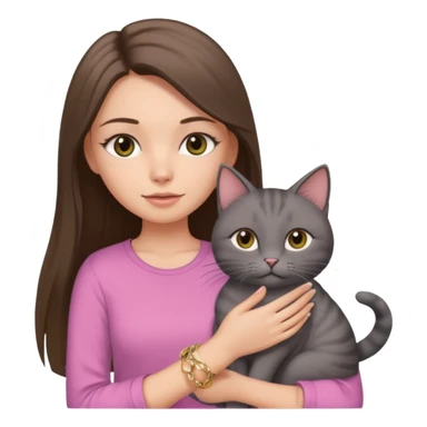 a white girl with brunette long straight hair holding a grey cat. the girl has long lashes and has on a pink shirt and gold jewelry. sticker