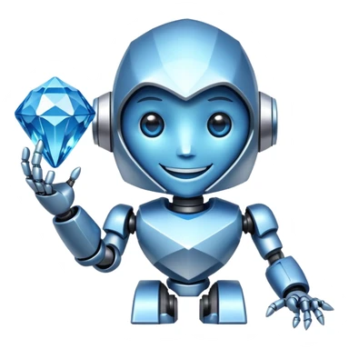 smiling robot holding a large blue diamond sticker