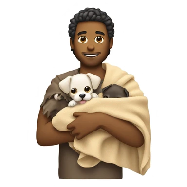 Guy holding a puppy warring a blanket sticker