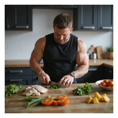 athletic man preparing healthy meal in kitchen, chopping vegetables and chicken, positive motivational atmosphere, hyperrealistic 4K details, modern tidy kitchen sticker