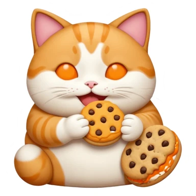 a chubby cat munching on a cookie, emoji style sticker