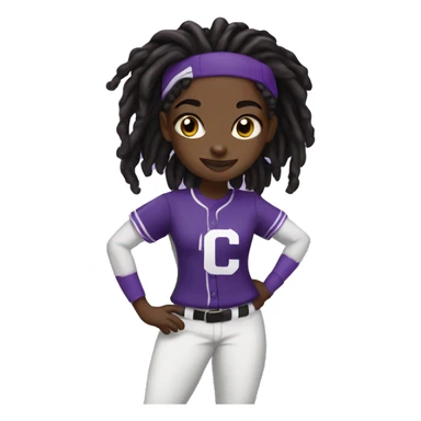 baseball card character. black girl. dread locs. letter C logo. Purple and white uniform.  sticker