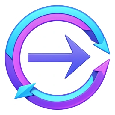 Futuristic retry arrow: an open curved neon arrow forming almost a circle but leaving a gap, clear restart motion. Glowing blue and violet Virtuosa colors, soft Ovi-like floating shape, playful high-tech style, luminous semi-matte texture. No text. Full background.
 sticker