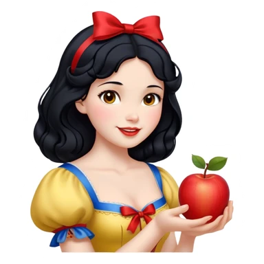 Cinematic Realistic Snow White Portrait, depicted with lifelike skin texture, soft natural lighting, and intricately detailed black hair styled with a red ribbon. Her soft brown eyes radiate innocence and kindness, complemented by a warm, gentle smile. She holds an apple in one hand, her other hand resting against her cheek, embodying her purity and charm. She is dressed in her classic yellow, blue, and red gown, the fabric rich in texture with delicate folds that catch the light beautifully. The portrait features a soft, natural glow with a radiant finish, capturing the essence of timeless beauty in a realistic and painterly style. sticker