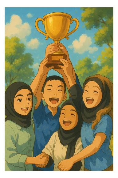 Illustrate these four students together in a warm Ghibli style, joyfully lifting a trophy. The atmosphere should be bright, cheerful, and full of happiness, capturing a moment of celebration and camaraderie. sticker