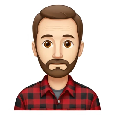 Thin man in his 50s with light complexion. Narrow face with pronounced cheekbones. Unkempt brown hair sticking up in places. Scruffy, uneven brown beard. Wearing a red and black checkered flannel shirt that hangs loosely on his lean body. sticker