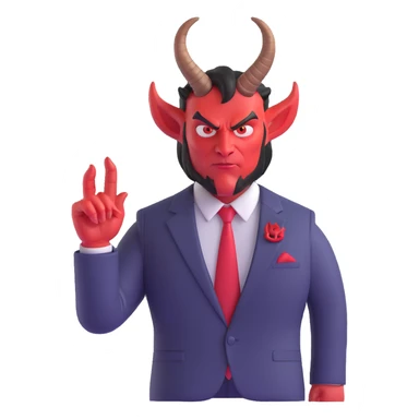 satan character, 3/4 view, modern interpretation, sharp suit, subtle horns, confident expression sticker