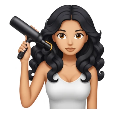 tanned woman with long black hair curling her hair, getting ready sticker