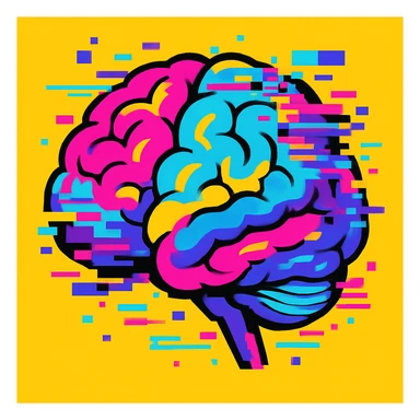 brain with digital glitches and pixelated errors, vibrant colors, representing brainrot sticker