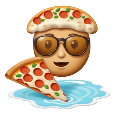 whimsical cappuccino cup emoji with pizza slice floating in foam, wearing sunglasses, looking confused, for Italian brainrot cappuccino sticker