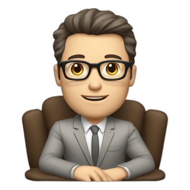 Pale skinned Fit Man With dark brown hair in gray jacket, beige office shirt and vintage glasses sitting In a soft chair with a notebook with emblem Ψ and a pen in his hands sticker