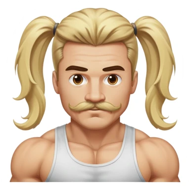 super jacked guy with long hair and a mustache pulling a blonde ponytail sticker