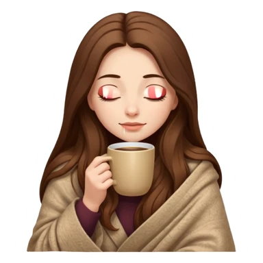 long brown hair woman closed eyes hiding under a cozy wool beige blanket, holding cup of coffee, autumn mood sticker