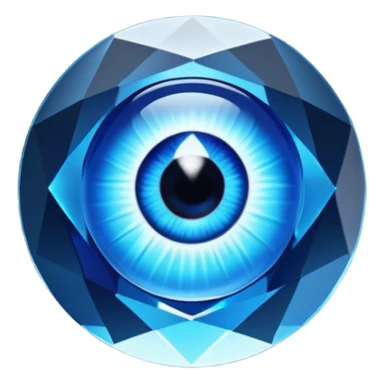 Cinematic Realistic image of a glass Evil Eye blue stone, rendered with translucent, luminous blue hues and finely cut facets that catch soft reflective light, set against a dark, minimalist backdrop to emphasize its mystical allure. sticker
