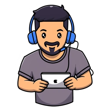Animated happy man with black hair, brown eyes, black beard, gaming headset sticker