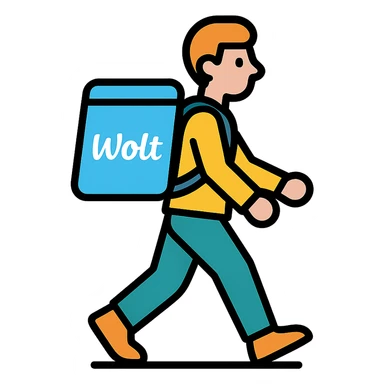 guy walking with a Wolt delivery backpack, simple and clear style sticker