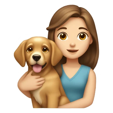 A girl with brown hair and brown eyes holding a golden retriever puppy sticker