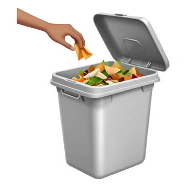 hand dropping food scraps into a trash bin, clean and expressive sticker