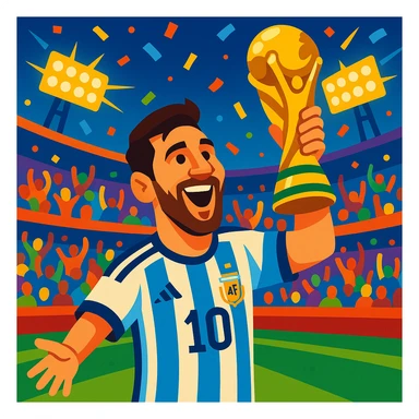 Lionel Messi holding the World Cup trophy, celebrating, in a football stadium, vibrant colors sticker