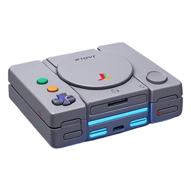 Clash of Clans aesthetic: Cinematic Playful PlayStation 1 Console Portrait Emoji, rendered in a 3D vector-style similar to standard emojis with minimal shading and bold, simplified shapes. A compact, distinct form with signature details, softly glowing with a cutting-edge console technology charm. Simplified yet unmistakably iconic, highly detailed and consistent, glowing with a soft radiance and high shine. Stylized with a touch of technological advancement and a soft glowing outline, capturing the essence of a beloved gaming relic with a friendly, playful manner! sticker