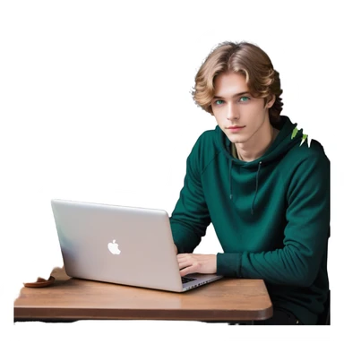 man with light brown hair and green eyes, laptop on table, small plant beside, cozy vibe sticker