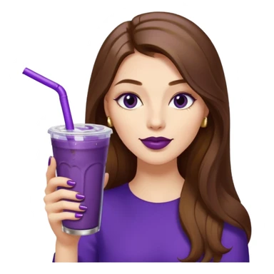 girl with long brown hair, wine lipstick, gold nails, drinking a blueberry butter pecan iced coffee with a purple straw  sticker