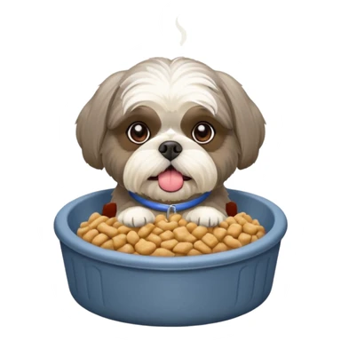 old ALL grey shih tzu in dog bed with bowl of food tongue hanging out sticker