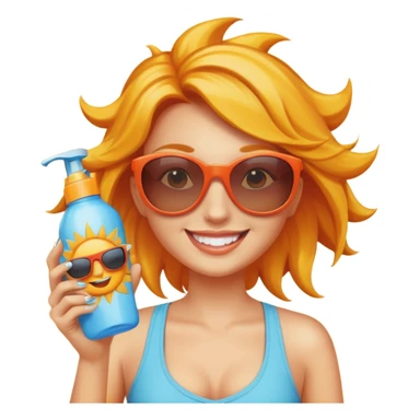 female with suncream bottle and sunglasses, with sun burned sticker