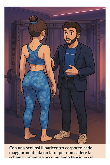 fai questa immagine in versione manga/webtoon a colori, il manga mostra la donna di spalle, mentre l'uomo le tocca la spina dorsale per spiegarle come funziona la scoliosi:
Con una scoliosi il baricentro corporeo cade maggiormente da un lato; per non cadere la schiena compensa accumulando tensione sul fianco opposto.
Il risultato? Si inclina e ruota sempre più, fino a che non cede (discopatie, artrosi, ecc) sticker